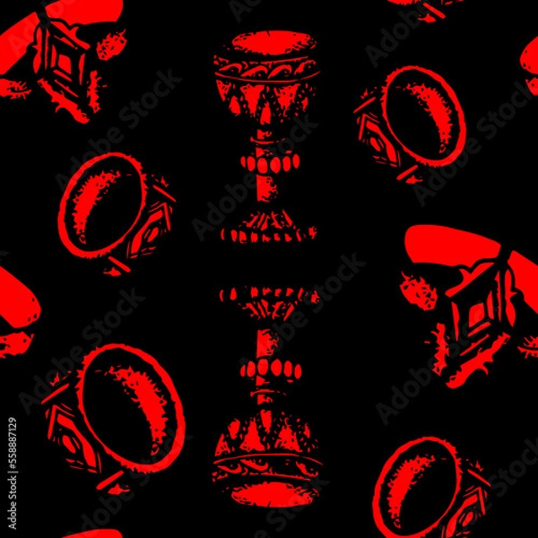 Fototapeta Image of a ring and a royal goblet, on a black background. Pattern design for printing on paper, fabric, backdrop, game background, interior. Gothic elements of the kingdom and the nobility.