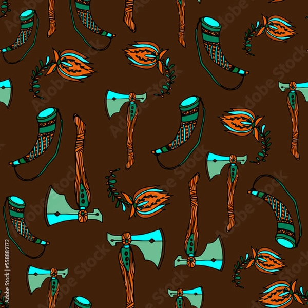 Fototapeta Ax image collected in patterns. Design gothic and medieval elements. Fantastic illusions on the theme of a hunter or a lumberjack.