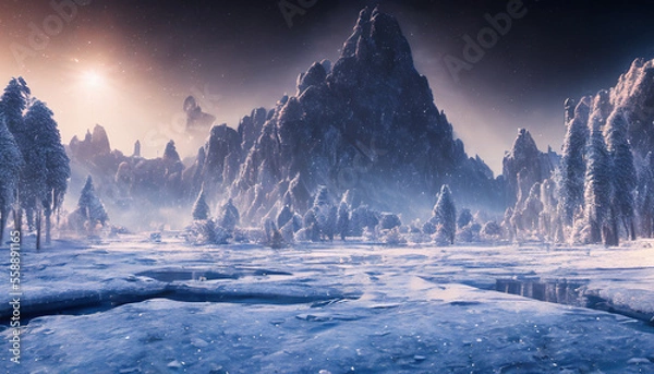 Fototapeta futuristic city scene covered in snow and ice