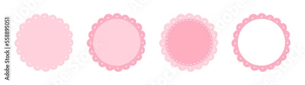Fototapeta Scalloped Edge Stitched Circle Badge Vector Set. Simple label sticker frame template. Cute vintage frill ornament. Vector illustration isolated on white background.
