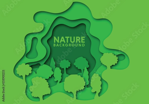 Fototapeta Abstract cartoon green trees in paper cut art style. Vector colorful minimalistic design concept. Creative 3d illustration or template.