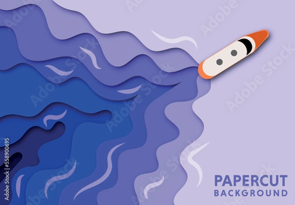 Fototapeta Top view river and yacht in paper cut style. 3d seaside background with pleasure boat on the lake in summertime in papercut art. Vector card illustration cut out deep wavy modern cover.