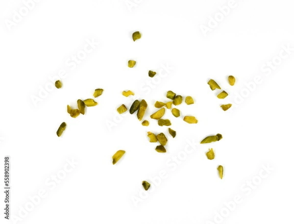 Obraz Ground, milled, crushed or granulated pistachio pile isolated on white background