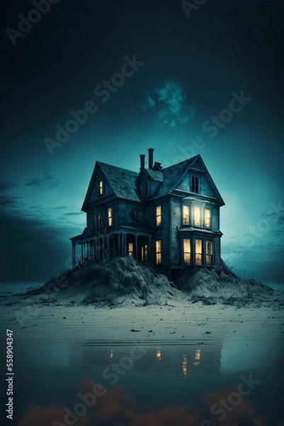 Fototapeta Thriller house. An abandoned building in the beach. Generated AI image
