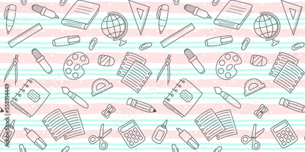 Obraz Black outline school supplies and office stationary on a soft striped background with dots. Back to school endless texture and education concept. Vector seamless pattern for office supply store, print