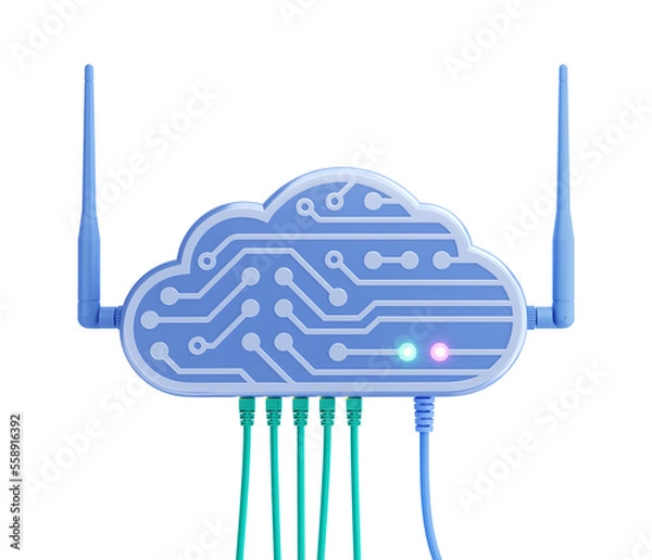 Fototapeta Personal Digital Cloud for a Smart House. A home Wi-Fi router designed in form of an Electronic Cloud with network ethernet cables. 3D rendering graphics isolated on transparent background.