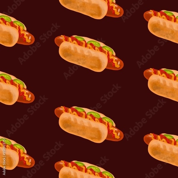 Fototapeta hot dog pattern, hot food and hamburger on dark background. seamless background with bread