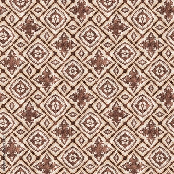 Obraz Mosaic geometric dark brown seamless texture pattern. Trendy kaleidoscope woven design for printed fabric. Rough abstract textile design. 