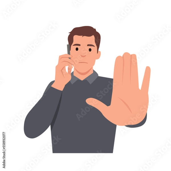 Fototapeta Serious man on phone call and shows stop gesture. Flat vector illustration isolated on white background