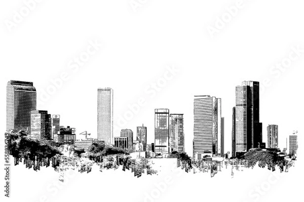 Obraz Denver Colorado Skyline, ink sketch illustration isolated on white background.