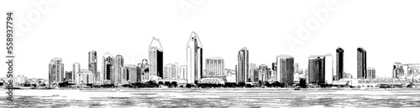 Obraz San Diego waterfront skyline, California, Usa, ink sketch illustration.