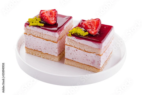 Fototapeta Strawberry Cream Cake on white plate
