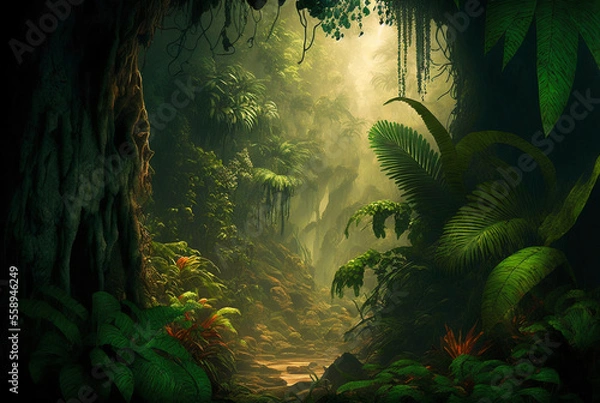 Obraz Fantasy Forest Jungle Scene AI generative