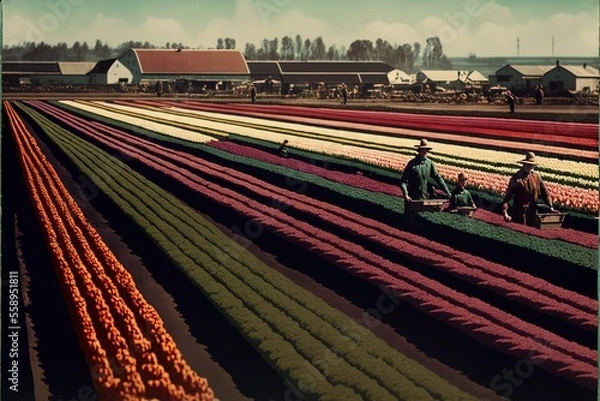 Fototapeta a couple of people are in a field of flowers with a tractor in the middle of the field and a barn in the background with a few buildings in the distance.