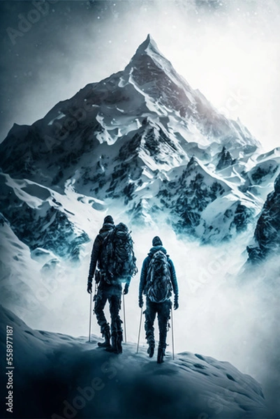 Fototapeta Group of mountaineers. Multiple high alpine climbers in front of a gigantic mountain. Designed using generative ai.