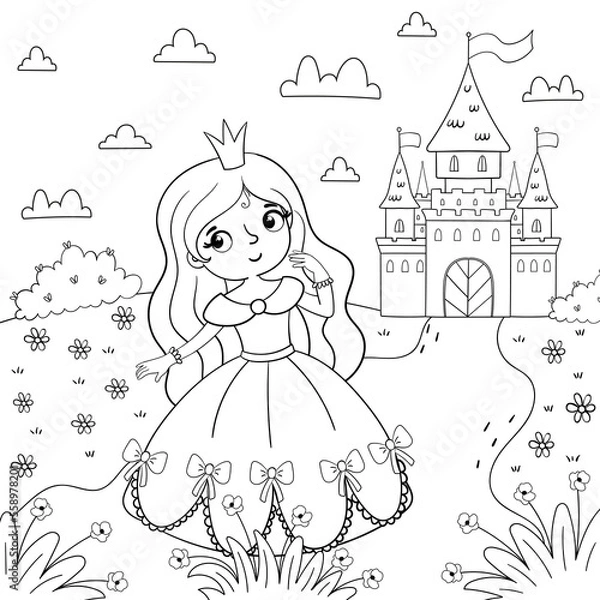 Fototapeta Page of coloring book with a girl and a princess on a background of a magic castle. Vector illustration in a cartoon style. Design for kids.