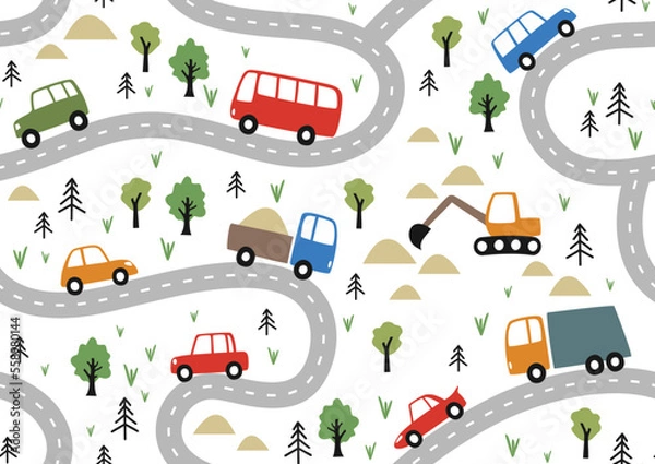 Fototapeta Children seamless pattern with cars on roads in flat style. Endless fun cartoon kids ornament for fabric and fashion textile pint. Vector background.