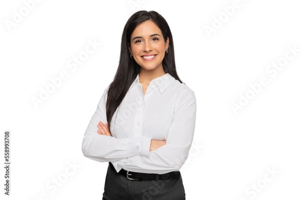 Fototapeta Cheerful brunette business woman student in white button up shirt, smiling confident and cheerful with arms folded, isolated on a white background