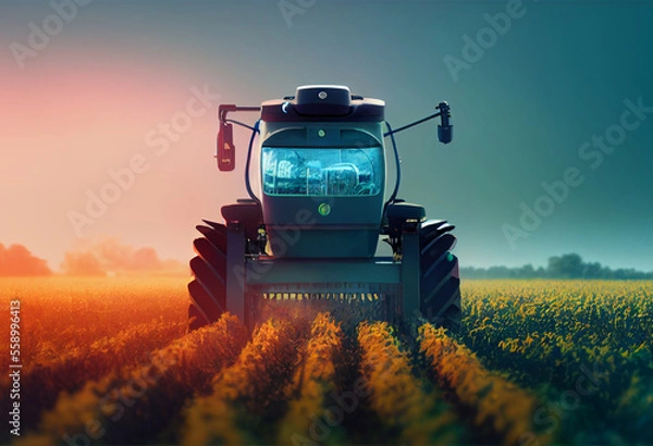 Fototapeta Vision for future of agriculture. Autonomous tractor works in field. Field processing with help of high-tech technology..