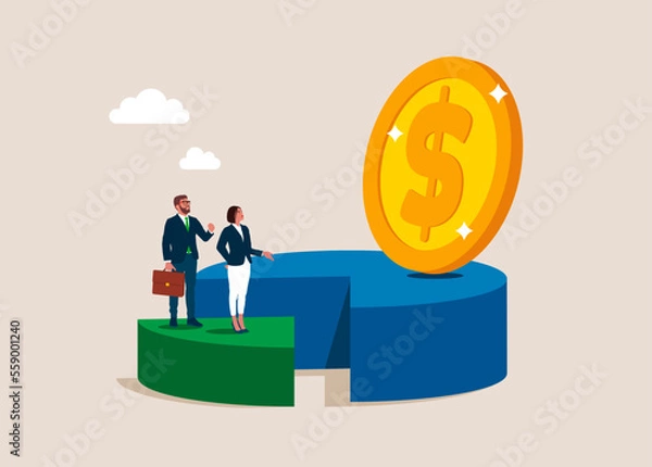 Fototapeta Business team. Working on 20 percent pie chart with trophy on 80 part. Minimum effort for big outcome, productivity to generate great result. Pareto principle.  Modern vector illustration.