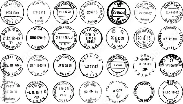 Obraz Vector image big set cancellation round postal stamps from different countries, isolated on white, envelope and parcel stamps