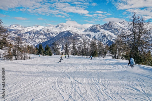 Fototapeta Overview Claviere ski resort in Piedmont in the Alps on the border between Italy and France.