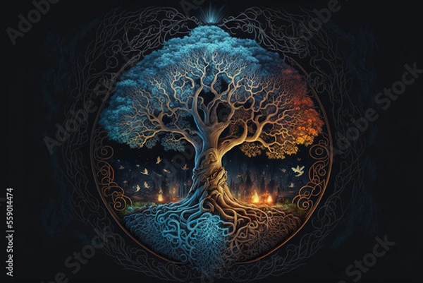 Obraz Ying yang concept of balance Yggdrasil tree of life norse mythology. Balance concept. Generative ai