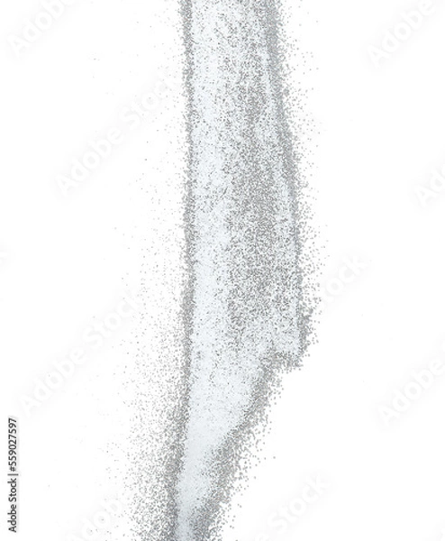 Fototapeta Million of white sand explosion, Photo image of falling down shower snow, heavy snows storm flying. Freeze shot on black background isolated overlay. Tiny Fine Salt sands as particle science