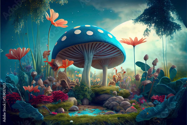 Obraz fantastic wonderland landscape with mushrooms, lilies flowers
