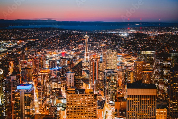 Fototapeta Seattle Skyline View From Sky View Observatory At Night. From Columbia Center