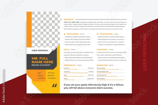 Fototapeta User Persona Document Template Vector Illustration. Examples of User Personas template. Persona Document. Persona Template for UI UX designer. User Persona vector horizontal template with double color