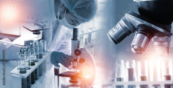Obraz Double exposure microscope Young woman scientific using equipment in the laboratory for research.Biotechnology,development,chemical,study,vaccine,COVID-19. Photo concept experimentation and research.