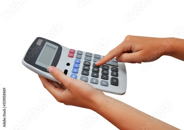 Fototapeta Hand holding calculator isolated on transparent background, PNG.