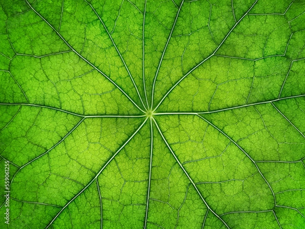 Fototapeta The texture of a part of a green leaf. Symmetrical pattern. Macro background. Natural background. View from above. Copy space