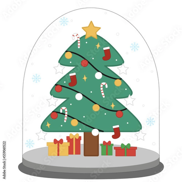 Obraz Christmas tree with decorations and gifts in glass dome on white background.