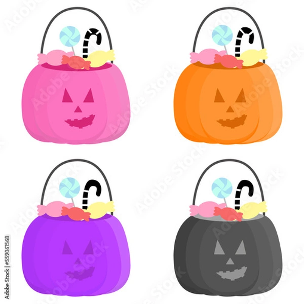 Obraz Cute colorful candies in pumpkin basket. Halloween is a time of superstitions and celebrations for Kids and adults. trick-or-treating. Vector, Cliparts, Illustration.