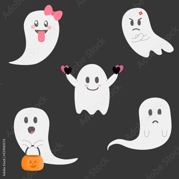Obraz Happy Halloween ghosts 5 emotion with pumpkin basket on grey background. Set cute vector illustration design. 