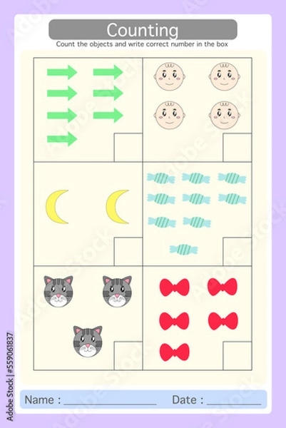 Fototapeta Worksheet matching objects to the numerals. count the objects and write correct number in the box. Learning materials for preschool kids. Logical game for kindergarten.