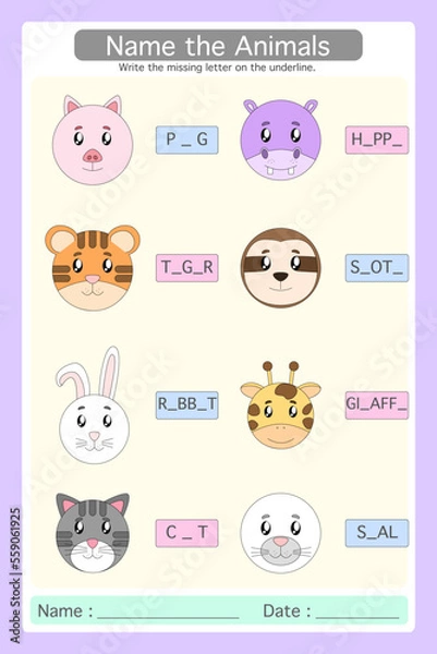 Obraz Worksheet Name the Animals. write the missing letter on the underline. Learning materials for kindergarten.