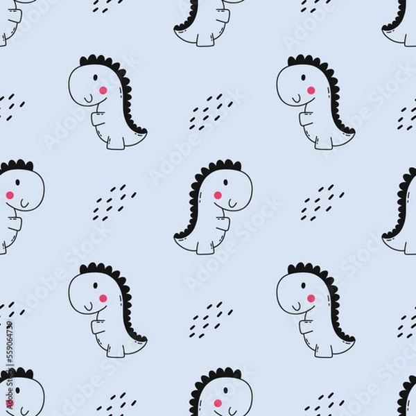 Fototapeta Seamless children's pattern for sewing clothes and printing on fabric. Background for newborn. Cute dino. Dinosaur on blue background. Hand drawn illustration.