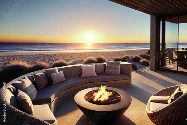 Fototapeta Fire pit and furniture on modern luxury mountain