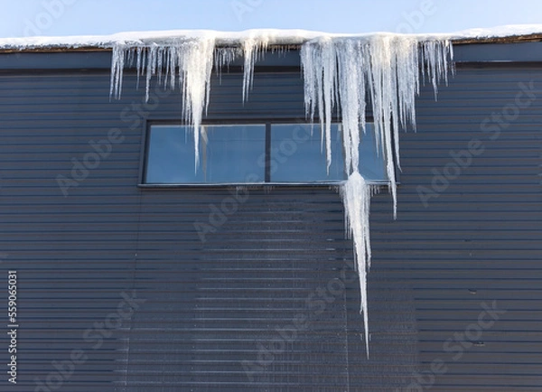 Fototapeta Huge dangerous ice icicles hanging from the edge of the roof