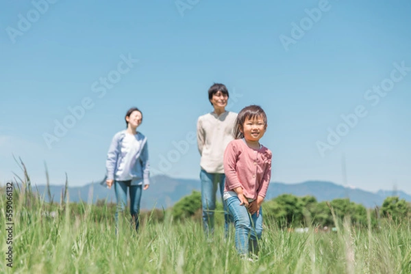Fototapeta 空と高原・草原・公園で歩く子供と両親のアジア人家族・ファミリーイメージ
