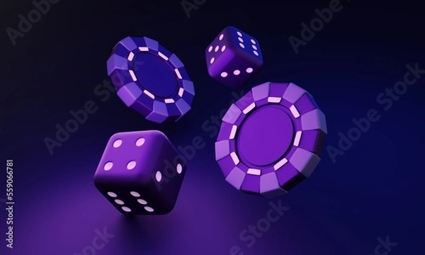 Obraz Purple chips and dices flying on dark background. Online casinos and mobile gambling concept. 3d render 3d rendering illustration.