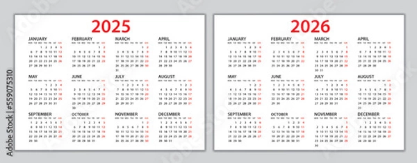 Fototapeta Calendar 2025-2026 template, Planner 2025-2026 year, Wall calendar 2025-2026 template, Week Starts Monday, Set of 12 calendar, advertisement, printing, organization and business, stationery, simple