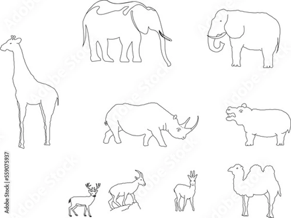 Fototapeta set  collection of vector sketches of simple forest animal silhouette illustrations for coloring children