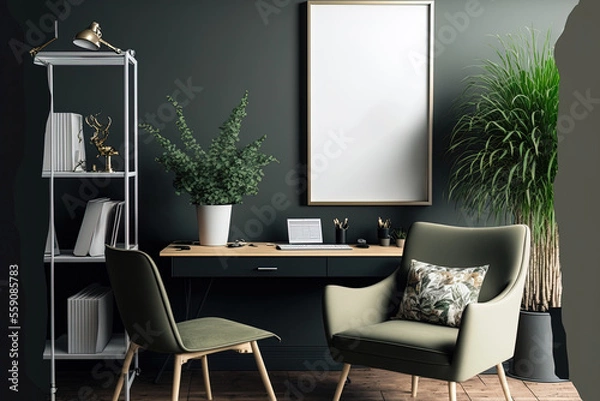 Obraz a comfortable home office with a frame mockup,. Generative AI