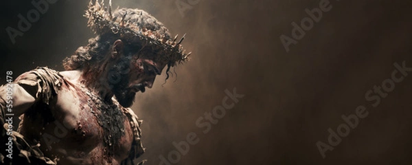Fototapeta Jesus Christ, Savior of mankind, Banner. 5:2 8379x3350. Generative AI