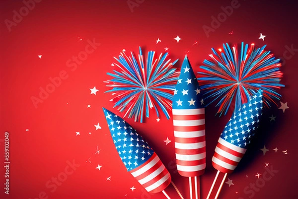 Fototapeta 4th of July fireworks on red background Independence Day banner - generative ai