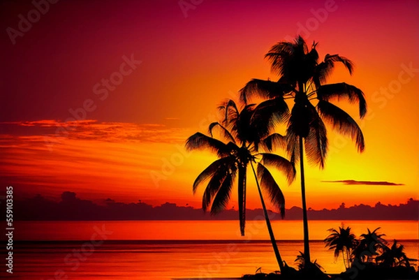 Fototapeta Beautiful colorful sunset on tropical ocean beach with coconut palm trees silhouettes - generative ai